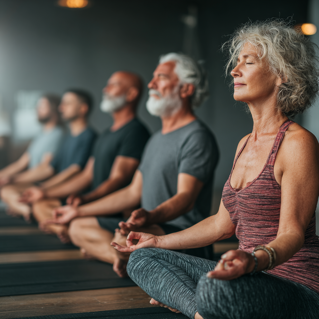 Group of diverse middle-aged people in their 40s and 50s practicing yoga together in a peaceful studio setting with natural lighting