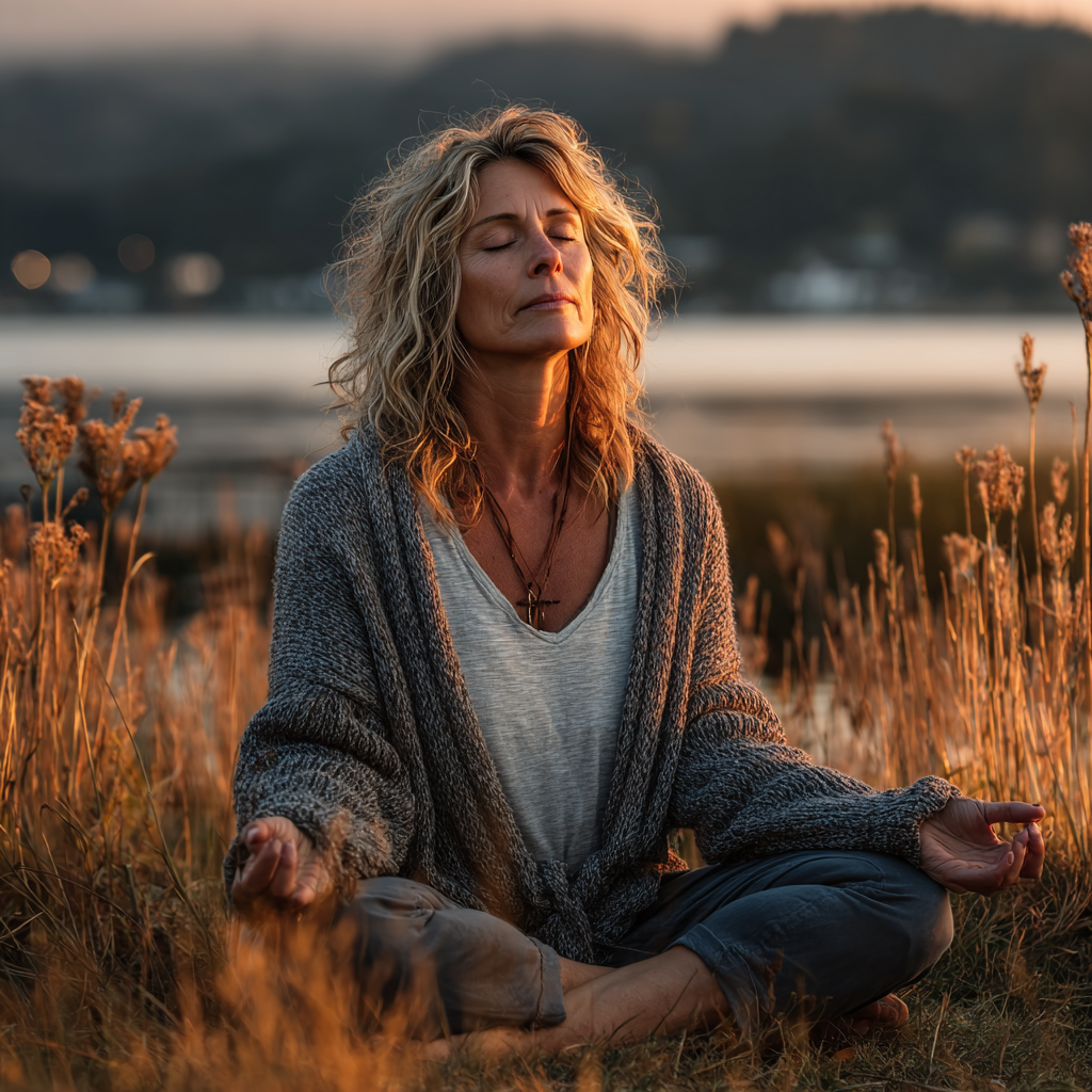 Peaceful middle-aged woman in her 40s practicing yoga meditation in lotus position outdoors surrounded by nature