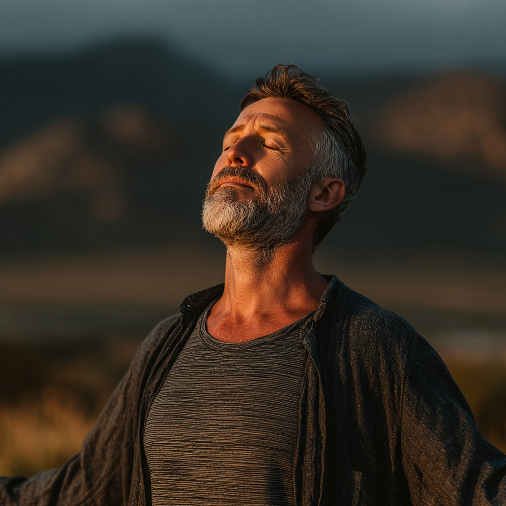 Serene middle-aged man in his 50s doing yoga stretching pose outdoors in peaceful natural setting with mountains in background